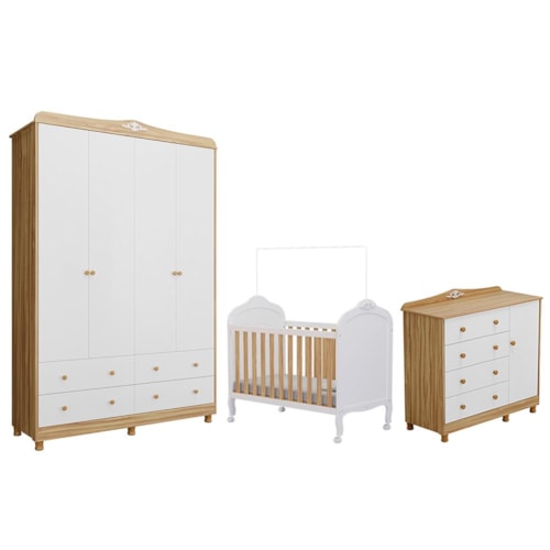 Dormitório Infantil Elô Guarda Roupa, Cômoda e Berço Branco Brilho/Amêndoa - Móveis Peroba