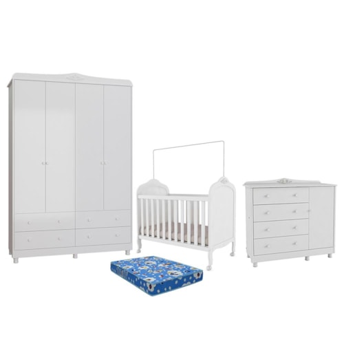 Dormitório Infantil Elô Guarda Roupa, Cômoda e Berço Branco Brilho com Colchão Baby Physical - Móveis Peroba