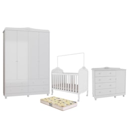 Dormitório Infantil Elô Guarda Roupa, Cômoda e Berço Branco Brilho com Colchão Supreme - Móveis Peroba