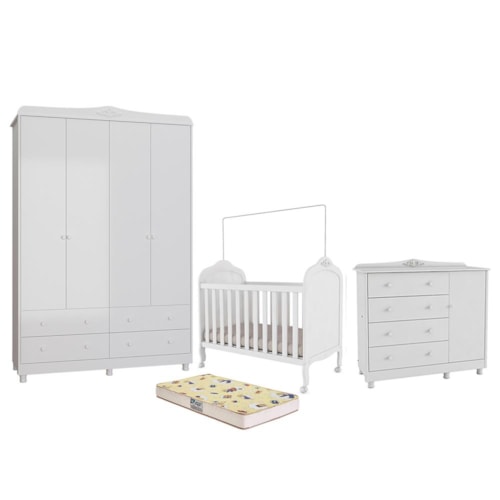 Dormitório Infantil Elô Guarda Roupa, Cômoda e Berço Branco Brilho com Colchão Supreme - Móveis Peroba
