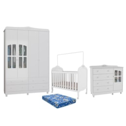 Dormitório Infantil Elô Janelas Guarda Roupa, Cômoda e Berço Branco Brilho com Colchão Baby Physical - Móveis Peroba