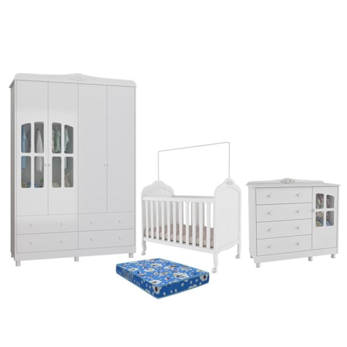 Dormitório Infantil Elô Janelas Guarda Roupa, Cômoda e Berço Branco Brilho com Colchão Baby Physical - Móveis Peroba