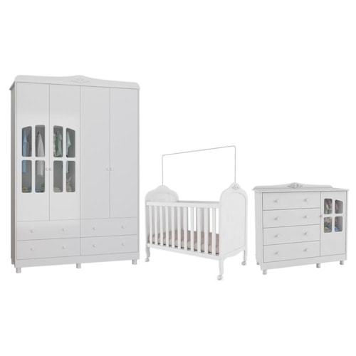 Dormitório Infantil Elô Janelas Guarda Roupa, Cômoda e Berço Branco Brilho - Móveis Peroba