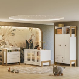 Dormitório Infantil Fantasia Guarda Roupa, Cômoda e Berço Branco Acetinado com Colchão Baby Physical - Qmovi Dormitório Infantil Fantasia Guarda Roupa, Cômoda e Berço Branco Acetinado com Colchão Baby Physical - Qmovi
