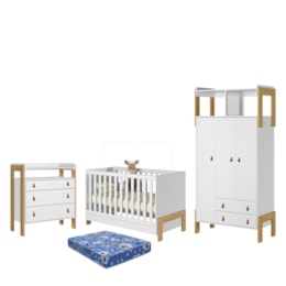 Dormitório Infantil Fantasia Guarda Roupa, Cômoda e Berço Branco Acetinado com Colchão Baby Physical - Qmovi Dormitório Infantil Fantasia Guarda Roupa, Cômoda e Berço Branco Acetinado com Colchão Baby Physical - Qmovi