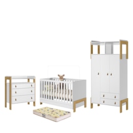 Dormitório Infantil Fantasia Guarda Roupa, Cômoda e Berço Branco Acetinado com Colchão Supreme - Qmovi Dormitório Infantil Fantasia Guarda Roupa, Cômoda e Berço Branco Acetinado com Colchão Supreme - Qmovi