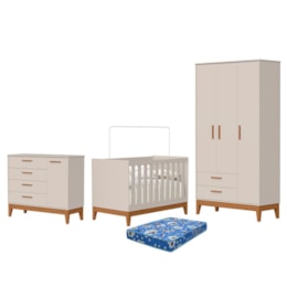 Dormitório Infantil Flip Guarda Roupa 3 Portas, Cômoda 1 Porta e Berço Areia Fosco com Colchão Physical - Reller Móveis