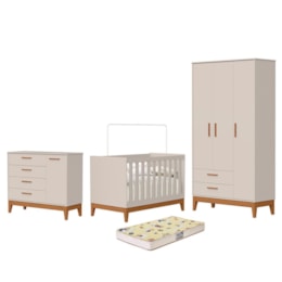 Dormitório Infantil Flip Guarda Roupa 3 Portas, Cômoda 1 Porta e Berço Areia Fosco com Colchão Supreme - Reller Móveis