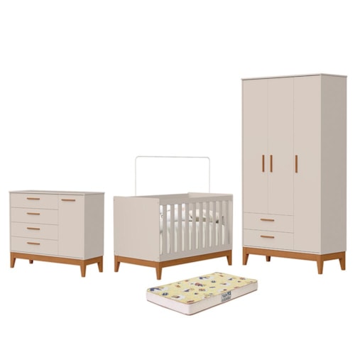 Dormitório Infantil Flip Guarda Roupa 3 Portas, Cômoda 1 Porta e Berço Areia Fosco com Colchão Supreme - Reller Móveis