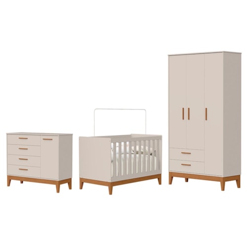 Dormitório Infantil Flip Guarda Roupa 3 Portas, Cômoda 1 Porta e Berço Areia Fosco - Reller Móveis