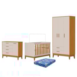 Dormitório Infantil Flip Guarda Roupa 3 Portas, Cômoda 1 Porta e Berço Areia Fosco/Savana com Colchão Physical - Reller Móveis