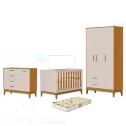 Dormitório Infantil Flip Guarda Roupa 3 Portas, Cômoda 1 Porta e Berço Areia Fosco/Savana com Colchão Supreme - Reller Móveis
