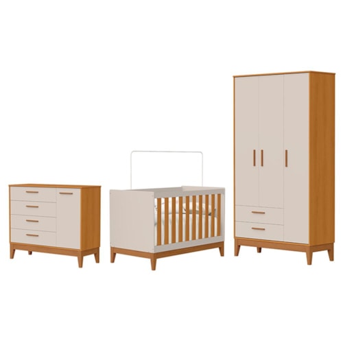 Dormitório Infantil Flip Guarda Roupa 3 Portas, Cômoda 1 Porta e Berço Areia Fosco/Savana - Reller Móveis
