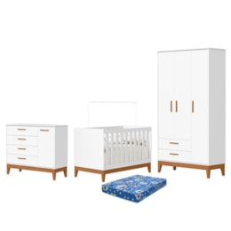 Dormitório Infantil Flip Guarda Roupa 3 Portas, Cômoda 1 Porta e Berço Branco Fosco com Colchão Physical - Reller Móveis