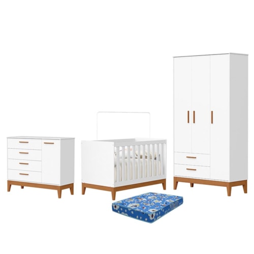 Dormitório Infantil Flip Guarda Roupa 3 Portas, Cômoda 1 Porta e Berço Branco Fosco com Colchão Physical - Reller Móveis