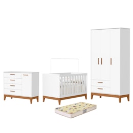 Dormitório Infantil Flip Guarda Roupa 3 Portas, Cômoda 1 Porta e Berço Branco Fosco com Colchão Supreme - Reller Móveis