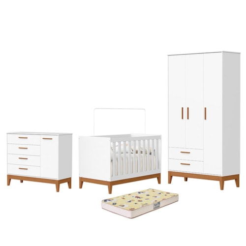 Dormitório Infantil Flip Guarda Roupa 3 Portas, Cômoda 1 Porta e Berço Branco Fosco com Colchão Supreme - Reller Móveis