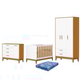 Dormitório Infantil Flip Guarda Roupa 3 Portas, Cômoda 1 Porta e Berço Branco Fosco/Savana com Colchão Physical - Reller Móveis
