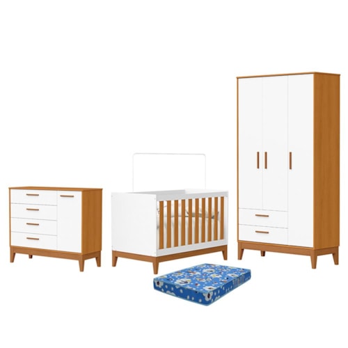 Dormitório Infantil Flip Guarda Roupa 3 Portas, Cômoda 1 Porta e Berço Branco Fosco/Savana com Colchão Physical - Reller Móveis