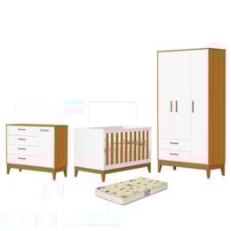 Dormitório Infantil Flip Guarda Roupa 3 Portas, Cômoda 1 Porta e Berço Branco Fosco/Savana com Colchão Supreme - Reller Móveis 