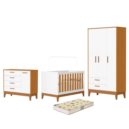 Dormitório Infantil Flip Guarda Roupa 3 Portas, Cômoda 1 Porta e Berço Branco Fosco/Savana com Colchão Supreme - Reller Móveis 