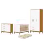 Dormitório Infantil Flip Guarda Roupa 3 Portas, Cômoda 1 Porta e Berço Branco Fosco/Savana com Colchão Supreme - Reller Móveis 