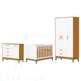 Dormitório Infantil Flip Guarda Roupa 3 Portas, Cômoda 1 Porta e Berço Branco Fosco/Savana - Reller Móveis