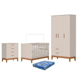 Dormitório Infantil Flip Guarda Roupa 3 Portas, Cômoda 4 Gavetas e Berço Areia Fosco com Colchão Physical - Reller Móveis