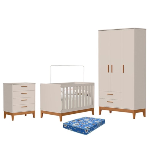 Dormitório Infantil Flip Guarda Roupa 3 Portas, Cômoda 4 Gavetas e Berço Areia Fosco com Colchão Physical - Reller Móveis