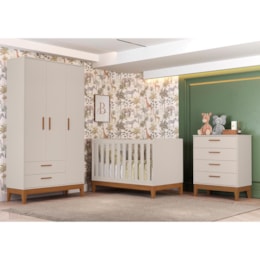 Dormitório Infantil Flip Guarda Roupa 3 Portas, Cômoda 4 Gavetas e Berço Areia Fosco com Colchão Supreme - Reller Móveis