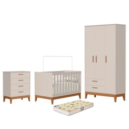 Dormitório Infantil Flip Guarda Roupa 3 Portas, Cômoda 4 Gavetas e Berço Areia Fosco com Colchão Supreme - Reller Móveis