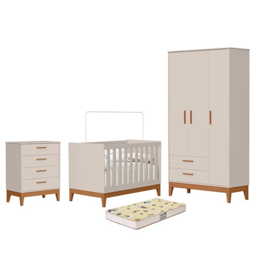 Dormitório Infantil Flip Guarda Roupa 3 Portas, Cômoda 4 Gavetas e Berço Areia Fosco com Colchão Supreme - Reller Móveis