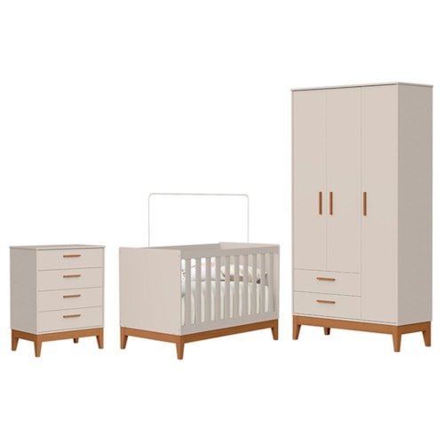 Dormitório Infantil Flip Guarda Roupa 3 Portas, Cômoda 4 Gavetas e Berço Areia Fosco - Reller Móveis