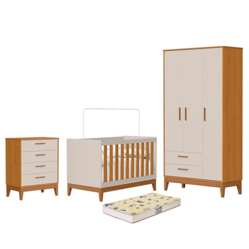 Dormitório Infantil Flip Guarda Roupa 3 Portas, Cômoda 4 Gavetas e Berço Areia Fosco/Savana com Colchão Supreme - Reller Móveis 