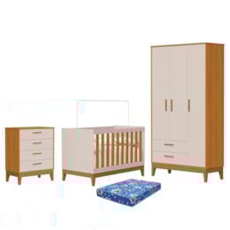 Dormitório Infantil Flip Guarda Roupa 3 Portas, Cômoda 4 Gavetas e Berço Areia Fosco/Savana com Colchão Physical - Reller Móveis