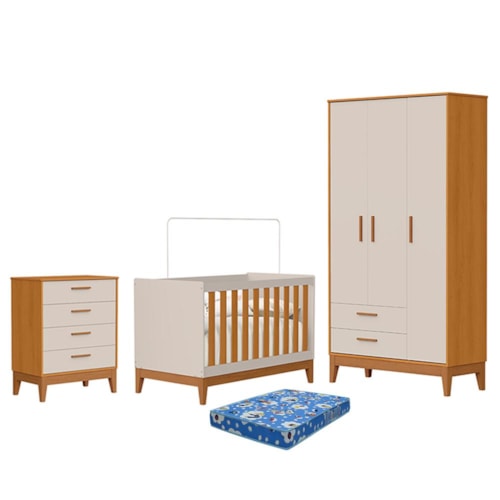Dormitório Infantil Flip Guarda Roupa 3 Portas, Cômoda 4 Gavetas e Berço Areia Fosco/Savana com Colchão Physical - Reller Móveis