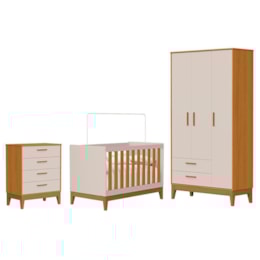 Dormitório Infantil Flip Guarda Roupa 3 Portas, Cômoda 4 Gavetas e Berço Areia Fosco/Savana - Reller Móveis