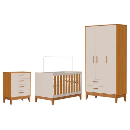 Dormitório Infantil Flip Guarda Roupa 3 Portas, Cômoda 4 Gavetas e Berço Areia Fosco/Savana - Reller Móveis