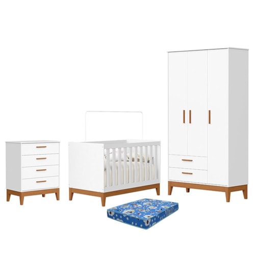 Dormitório Infantil Flip Guarda Roupa 3 Portas, Cômoda 4 Gavetas e Berço Branco Fosco com Colchão Physical - Reller Móveis