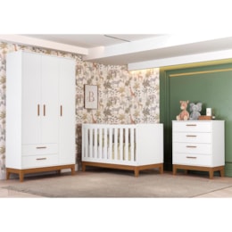 Dormitório Infantil Flip Guarda Roupa 3 Portas, Cômoda 4 Gavetas e Berço Branco Fosco com Colchão Supreme - Reller Móveis