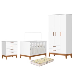 Dormitório Infantil Flip Guarda Roupa 3 Portas, Cômoda 4 Gavetas e Berço Branco Fosco com Colchão Supreme - Reller Móveis