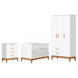 Dormitório Infantil Flip Guarda Roupa 3 Portas, Cômoda 4 Gavetas e Berço Branco Fosco - Reller Móveis