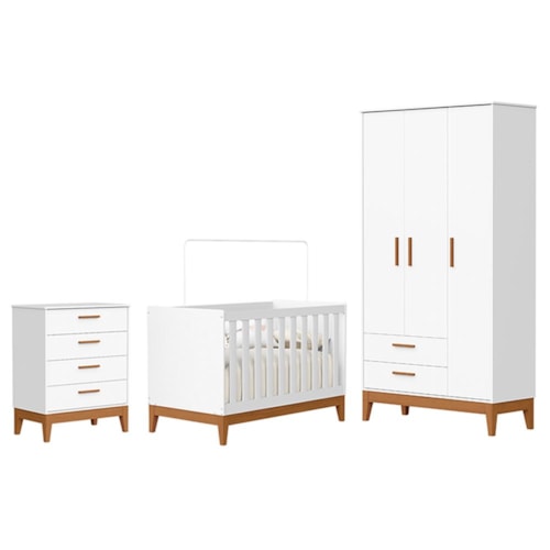 Dormitório Infantil Flip Guarda Roupa 3 Portas, Cômoda 4 Gavetas e Berço Branco Fosco - Reller Móveis