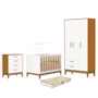 Dormitório Infantil Flip Guarda Roupa 3 Portas, Cômoda 4 Gavetas e Berço Branco Fosco/Savana com Colchão Supreme - Reller Móveis