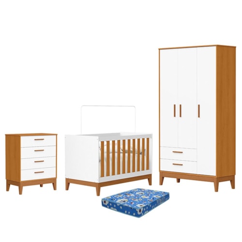 Dormitório Infantil Flip Guarda Roupa 3 Portas, Cômoda 4 Gavetas e Berço Branco Fosco/Savana com Colchão Physical - Reller Móveis