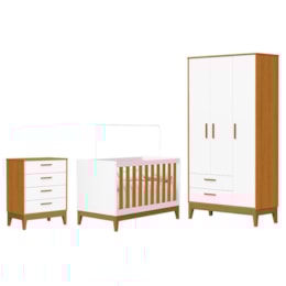 Dormitório Infantil Flip Guarda Roupa 3 Portas, Cômoda 4 Gavetas e Berço Branco Fosco/Savana - Reller Móveis