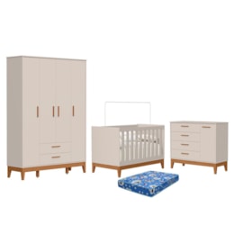 Dormitório Infantil Flip Guarda Roupa 4 Portas, Cômoda 1 Porta e Berço Areia Fosco com Colchão Physical - Reller Móveis