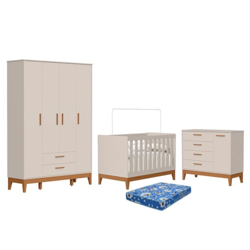 Dormitório Infantil Flip Guarda Roupa 4 Portas, Cômoda 1 Porta e Berço Areia Fosco com Colchão Physical - Reller Móveis