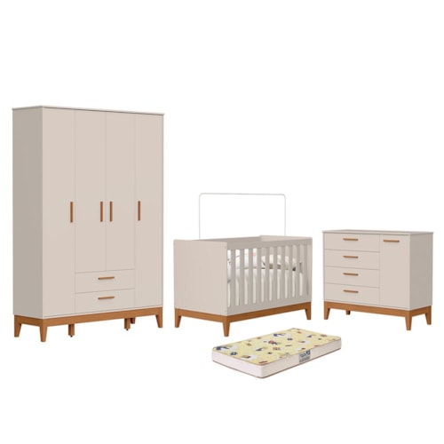 Dormitório Infantil Flip Guarda Roupa 4 Portas, Cômoda 1 Porta e Berço Areia Fosco com Colchão Supreme - Reller Móveis