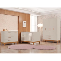 Dormitório Infantil Flip Guarda Roupa 4 Portas, Cômoda 1 Porta e Berço Areia Fosco - Reller Móveis